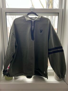 Vuarnet vintage Olive Green Half-Zip Sweater with Black Stripes - Men's